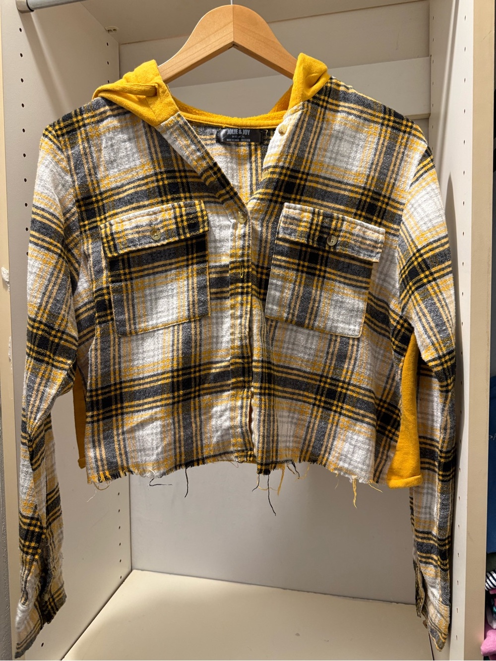 Cropped Plaid Button-Down Hoodie Shirt - Yellow Plaid